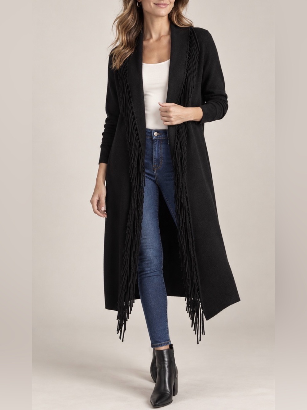 Cyrus Black Fringe Detail Longline Cardigan Sweater Size Medium NWT